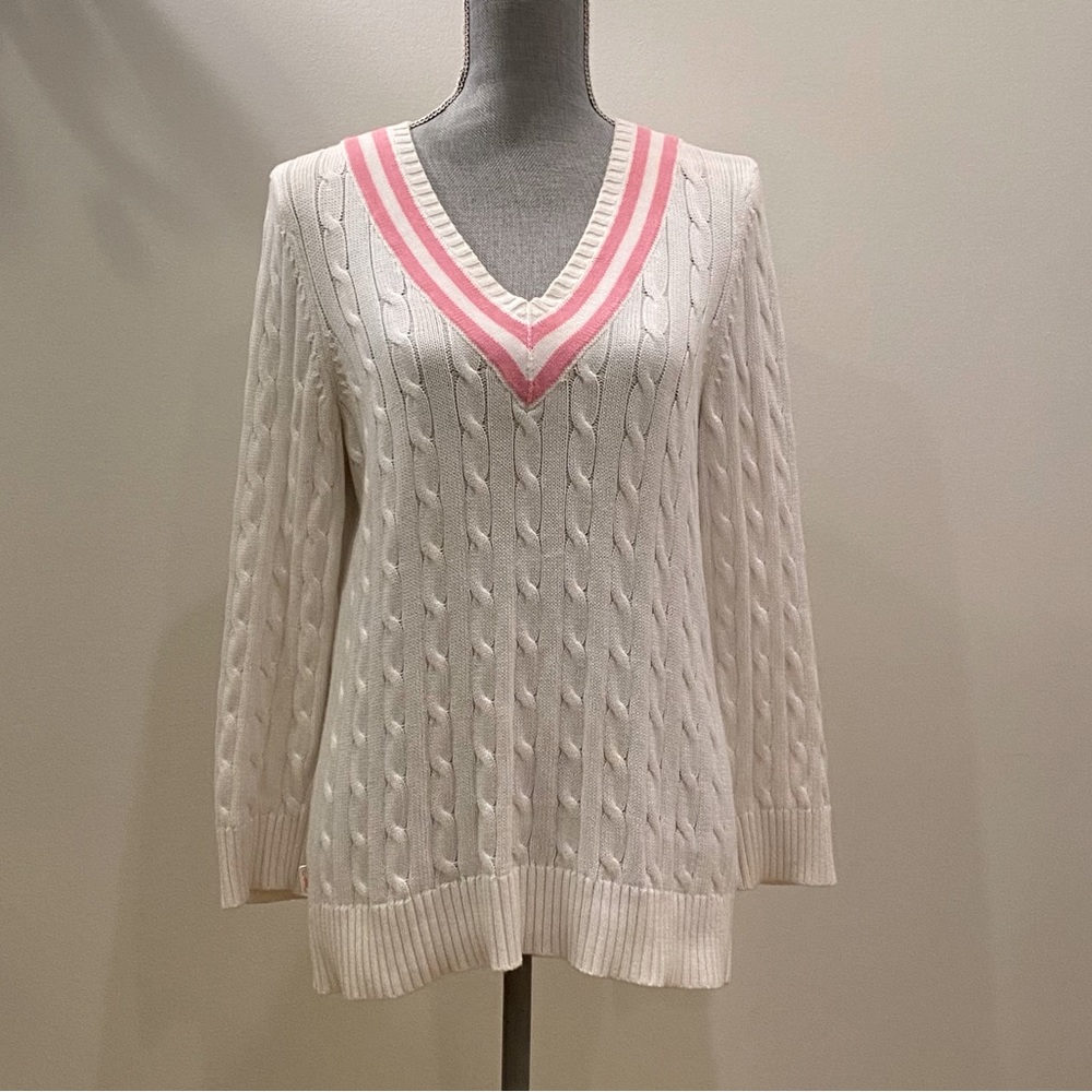 Ralph Lauren 1990s Vintage White Cable Knit V-Neck Sweater W Pink / Size L